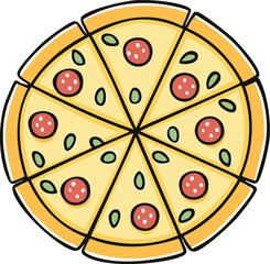 Overhead view of a pizza with pepperoni, olives, and herbs.