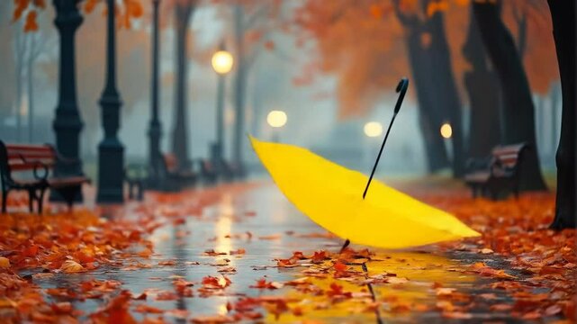Yellow umbrella resting on wet pavement surrounded by autumn leaves  