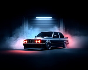 Retro car in dark garage