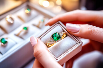 Hands holding green emerald gold ring in a jewelry store display box. Concept of selecting luxury gemstones, jewelry retail experiences, and investing in timeless pieces. Close-up