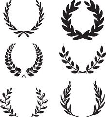 Collection of Elegant Laurel Wreaths Depicting Achievement Victory and Honor Symbolizing Success with Minimalist Black and White Vector Illustrations