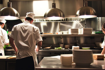 Busy chef preparing meals in a hectic restaurant kitchen environment