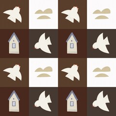 seamless pattern with cartoon gull, houses, decor elements. flat style. design for fabric, textile, print, wrapper.	
