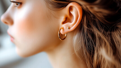 Young Caucasian white woman wearing golden hoop earrings jewellery in ear close-up. Concept of modern jewelry trends and elegance in personal style, enhancing beauty and fashion accessories