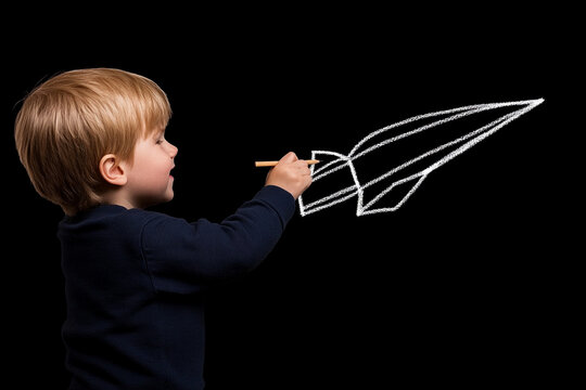 Child creates a rocket drawing on a chalkboard during playtime