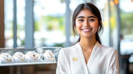 Consultant female with welcoming smile in jewelry store with elegant jewellery displays on background. Concept of exceptional customer service and personalized shopping experience in luxury retail