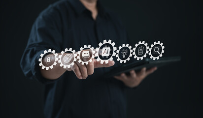 Businessman selecting interconnected gear icons for security, target, AI, data, and performance, symbolizing smart automation, workflow efficiency, and digital transformation.