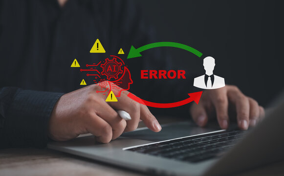 businessman using laptop faces AI recruitment error with alert icons and cycle between AI system and human candidate, representing flaws in automated hiring and the need for human decision review.
