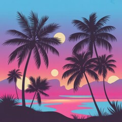 Obraz premium Palm silhouettes amidst a sunsethued sky water reflects colors