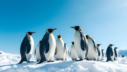 Fototapeta premium Group of Emperor Penguins Standing on Snow Under Bright Blue Sky
