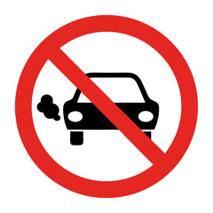 No idling sign, red circle prohibiting car exhaust fumes.  Idling is prohibited, environmental protection symbol for public awareness campaigns.