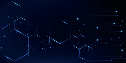 Abstract scientific vector background. Interweaving on a dark blue gradient of hexagons of different shapes with a plexus effect