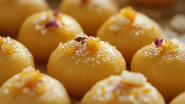 An assortment of golden fried balls with various spices on top. These bite-sized snacks are popular in Indian cuisine and can be a delightful treat or dessert.