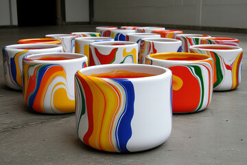 Colorful hand-painted ceramics create vibrant chaos in display