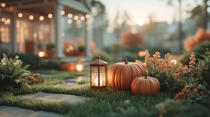 ChatGPT сказал:
Cozy autumn scene with pumpkins, a lantern, and glowing lights in a lush garden, with a charming gazebo in the background. Concept for fall decor and festive outdoor gatherings