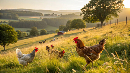 Rooster and hens grazing in a sunlit meadow at sunrise