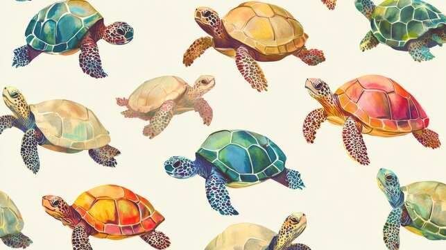 Colorful watercolor illustration of various sea turtles swimming gracefully against a light background, showcasing their unique patterns and vibrant hues in a playful aquatic scene
