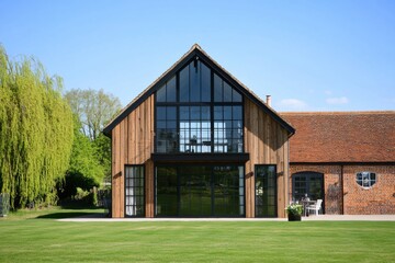Obraz premium Modern wooden house with large windows and manicured lawn in a serene rural setting, showcasing contemporary architecture and natural surroundings under clear blue sky