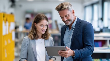 Smiling business professionals collaborating on tablet in modern office, showcasing teamwork, digital strategy, and corporate innovation for professional success
