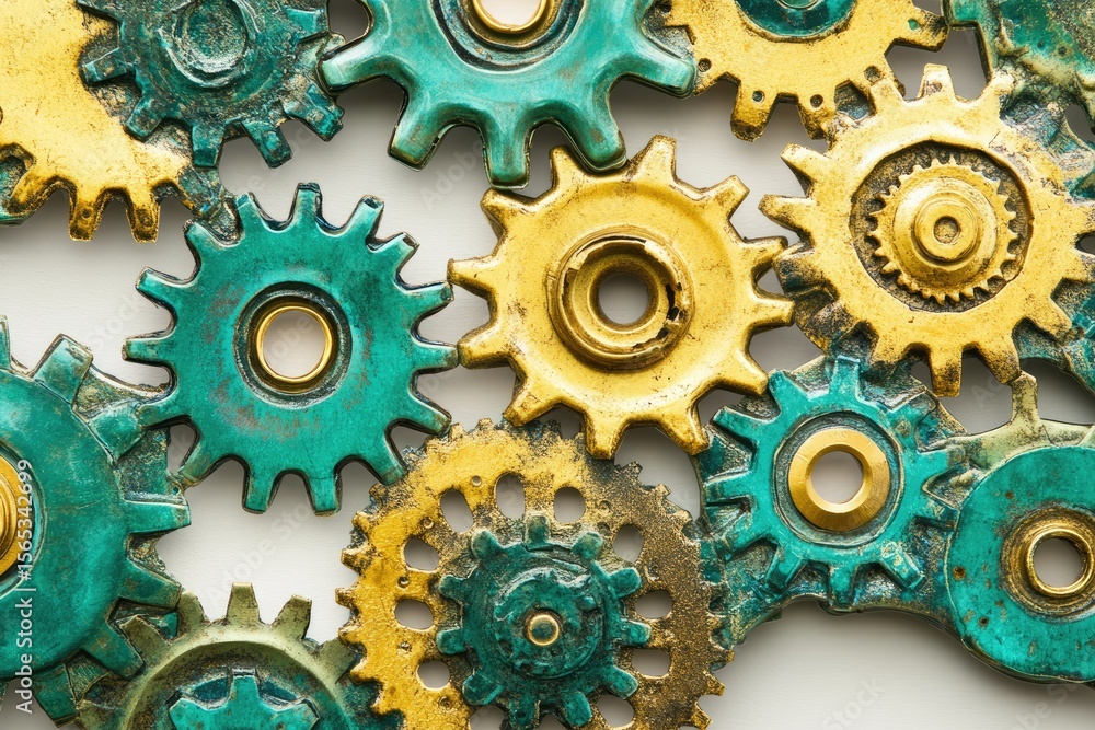 Poster interlocking teal and gold gears, a visual representation of teamwork and complex mechanisms.