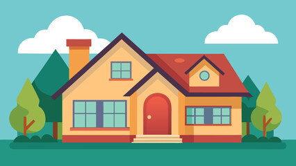 Vector Illustration of a Cozy Suburban House with Yard and Landscaping