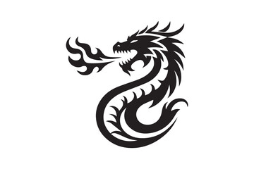 Naklejka premium A stylized black dragon's head facing left, intricately designed with sharp features and exaggerated scales. The dragon exhales a swirl of flame, represented by a wavy line, that forms a circular shap