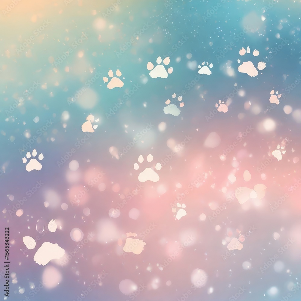 Poster pastel gradient background featuring scattered paw prints and blurred bokehlike lights