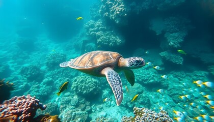 Green sea turtle swimming gracefully underwater in the tropical ocean surrounded by coral and marine life