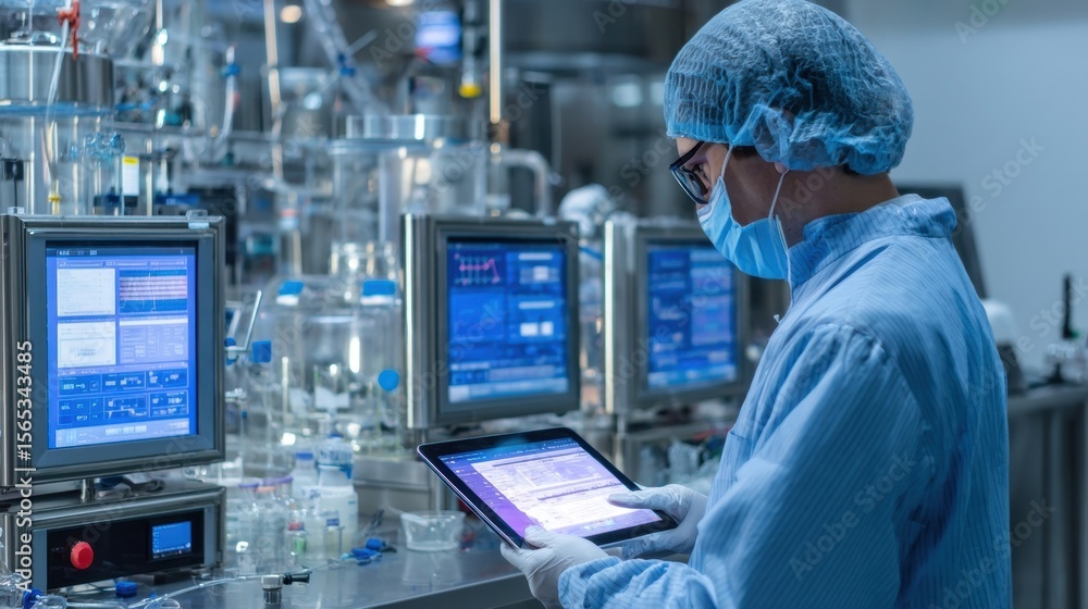 Poster a dedicated researcher in protective gear engaged in data analysis on a stateoftheart tablet surroun