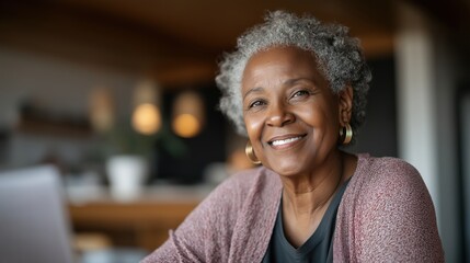 Smiling mature African American woman portrait, feeling happy and confident indoors