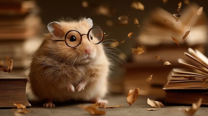 Whimsical hamster wearing round eyeglasses, surrounded by old books and flying autumn leaves