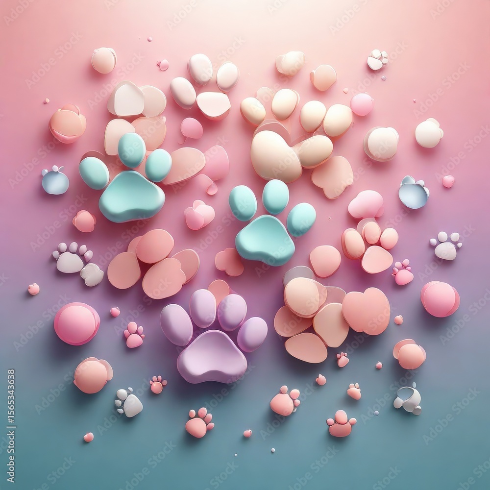 Poster pastel paw prints spheres arrayed across a gradient backdrop transitioning from pink to blue