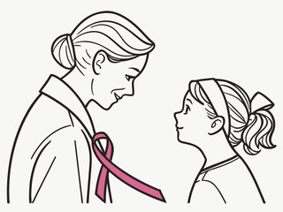Illustration of a Woman with Pink Ribbon Looking at a Child with Love and Hope