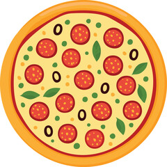 Overhead view of a pizza with pepperoni, olives, and herbs.