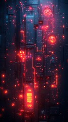 Fototapeta premium Abstract futuristic circuit board design with glowing red lights and cyberpunk aesthetic photo.
