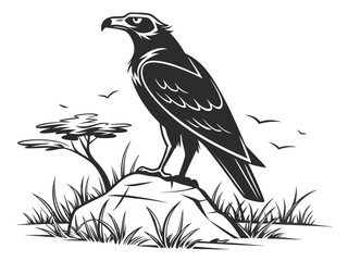 Stylized Black and White Illustration of an Eagle Perched on a Rock Formation bold