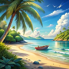 tropical beach with a boat and palm trees