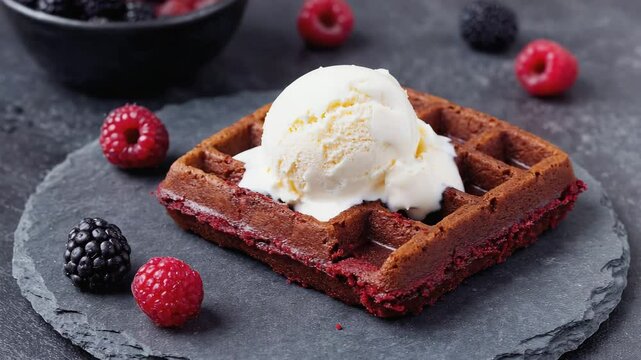 Waffle with ice cream.