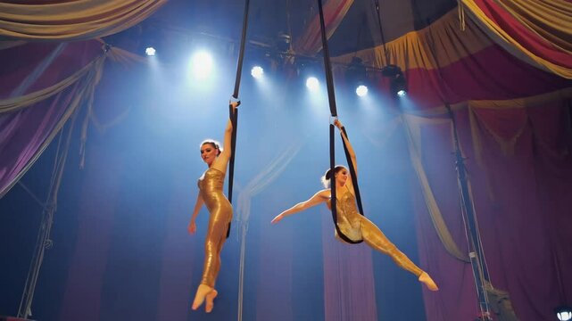 Acrobats performing stunts in the circus.