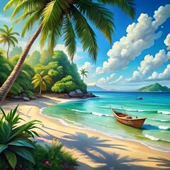 tropical beach with a boat and palm trees