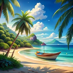 tropical beach with a boat and palm trees