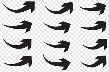 Curve arrow direction vector. Set of curve arrow icon vector. Curve arrow icon set. Curve arrow vector illustration. Curved or arch arrow.  Curve arrows  set on transparent background.