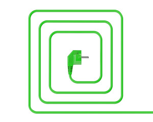 Green power plug with a cable shaped into geometric, square-style turns. Isolated on transparent background. 3D illustration.