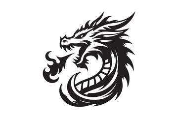 Obraz premium A stylized black dragon's head facing left, intricately designed with sharp features and exaggerated scales. The dragon exhales a swirl of flame, represented by a wavy line, that forms a circular shap