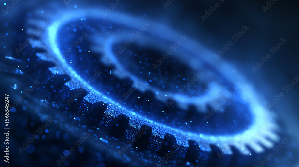 Poster a close up of a blue gear with glowing particles in a dark setting creating a futuristic effect