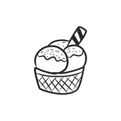 Hand-Drawn Ice Cream Sundae with Three Scoops, Toppings, and Wafer Stick in a Waffle Bowl