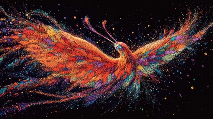 Colorful abstract representation of a mythical bird in flight.