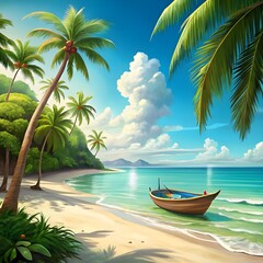tropical beach with a boat and palm trees