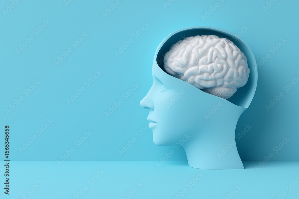 Poster light blue head with a white brain inside on a light blue background in a studio setting view side