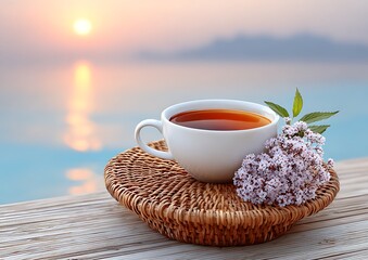 Tranquil morning cup of tea by the ocean